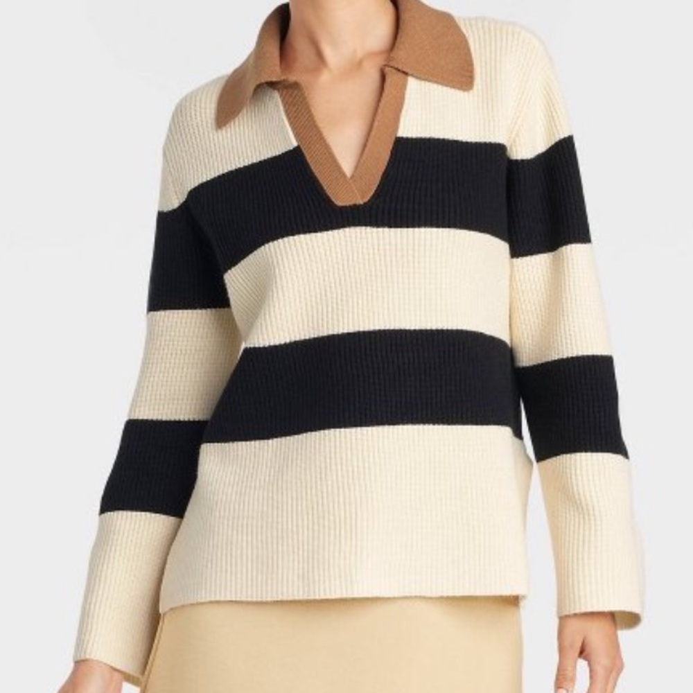 A New Day Women's Polo Pullover Sweater Black Striped Sz S Collared Long Sleeve - Picture 3 of 3